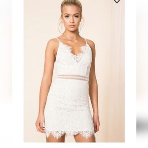 Superdown Remi Lace Open Back Mini Dress Size L Cutout Waist Frayed Trim Party